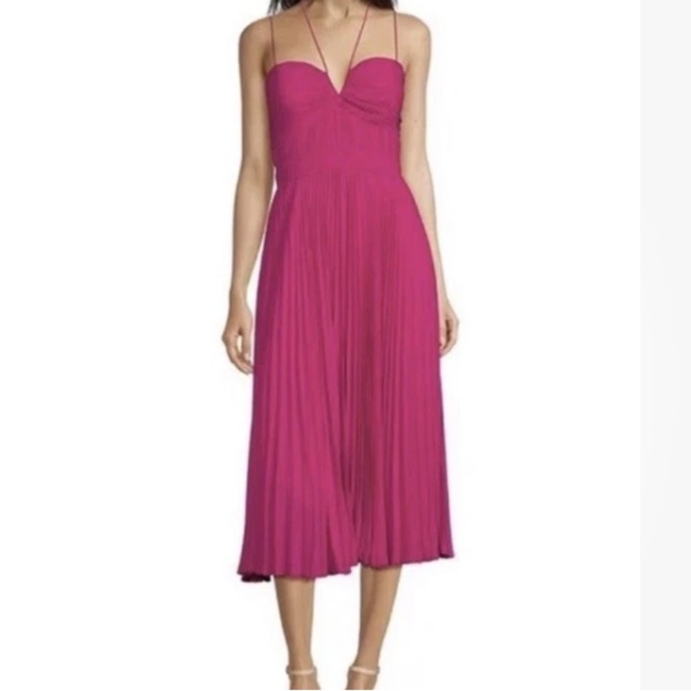 NWT Alex Marie Carol SZ 16 Chiffon Gown Midi Magenta Georgette Halter Straps